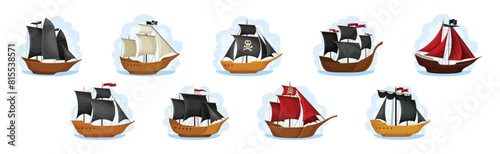 Pirate Ships with Black and Red Sails Vector Set