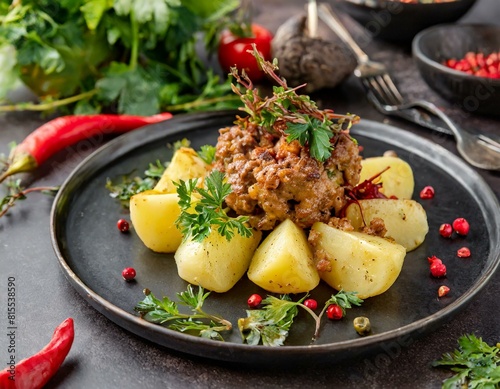 Kohlrabi mit Kartoffelwürfeln, gebratenem Hackfleisch und Kräutern  photo