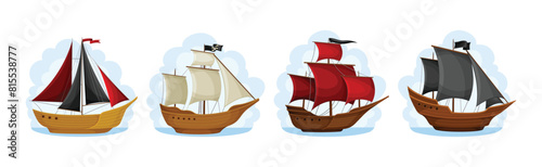 Pirate Ships with Black and Red Sails Vector Set