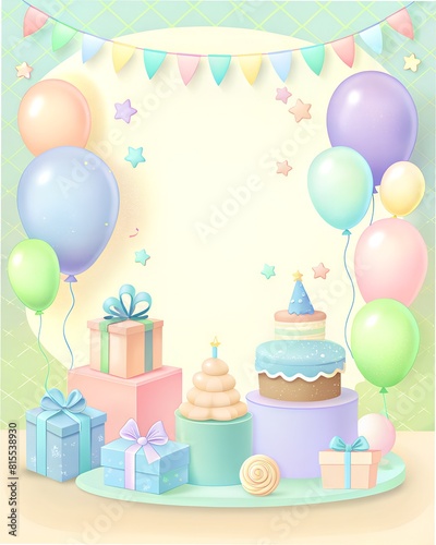 Postcard color illustration  background  idea  art  opening  for album  notebook  flyer  design happy birthday  gifts  balls  cake baloon