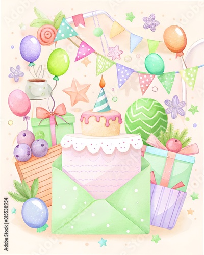 Postcard color illustration  background  idea  art  opening  for album  notebook  flyer  design happy birthday  gifts  balls  cake color