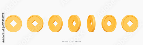 3D Ancient Chinese gold coins with square hole at different angles and rotations. Set of spinning Asian coins. Lunar New Year gift. Luck and treasure. Cartoon design icon. 3D Vector illustration