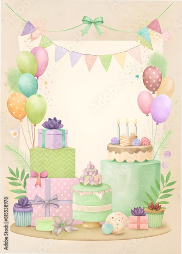 Postcard color illustration  background  idea  art  opening  for album  notebook  flyer  design happy birthday  gifts  balls  cake green
