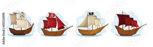 Pirate Ships with White and Red Sails Vector Set