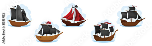 Pirate Ships with Black and Red Sails Vector Set