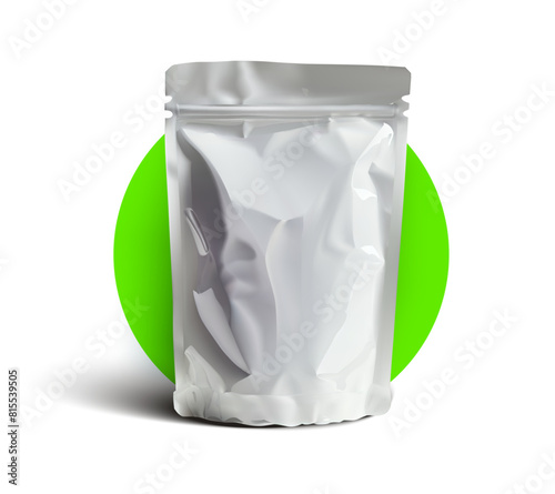 Realistic 3D White Stand-Up Pouch Packaging Mockup. White plastic stand-up pouch mockup for food or cosmetic branding and promotion. Realistic 3D vector illustration of a resealable zipper pouch.