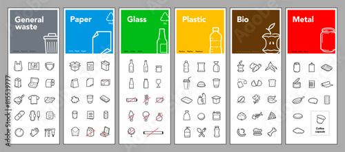 Ready sets of icons for separating trash. Vector elements are made with high contrast  well suited to different scales and on different media. Ready for use in your design. EPS10.