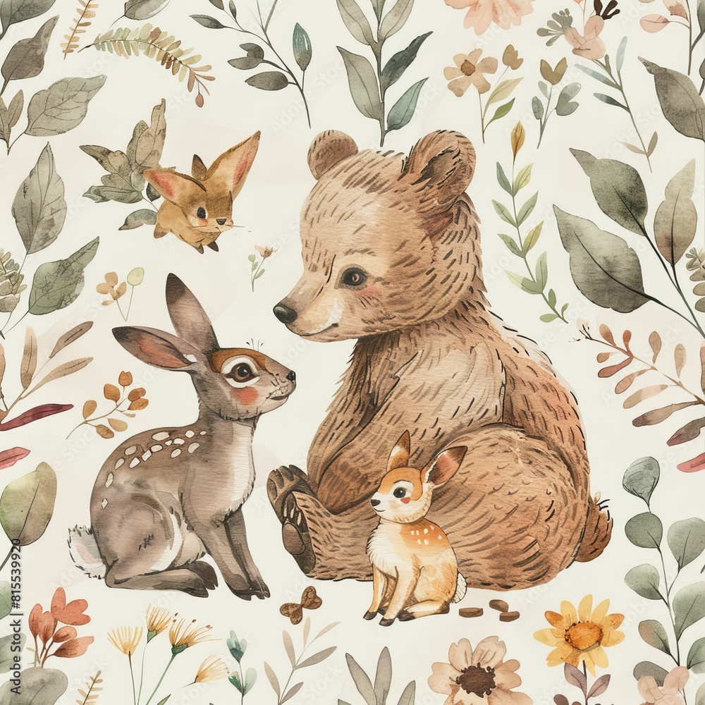 Watercolor drawing of a bear, rabbit, and baby deer amidst forest flora, creating a delightful textile art pattern for children's apparel, isolated background Watercolor drawing of a bear, rabbit, and baby deer amidst forest flora, creating a delightful textile art pattern for children's apparel, isolated background