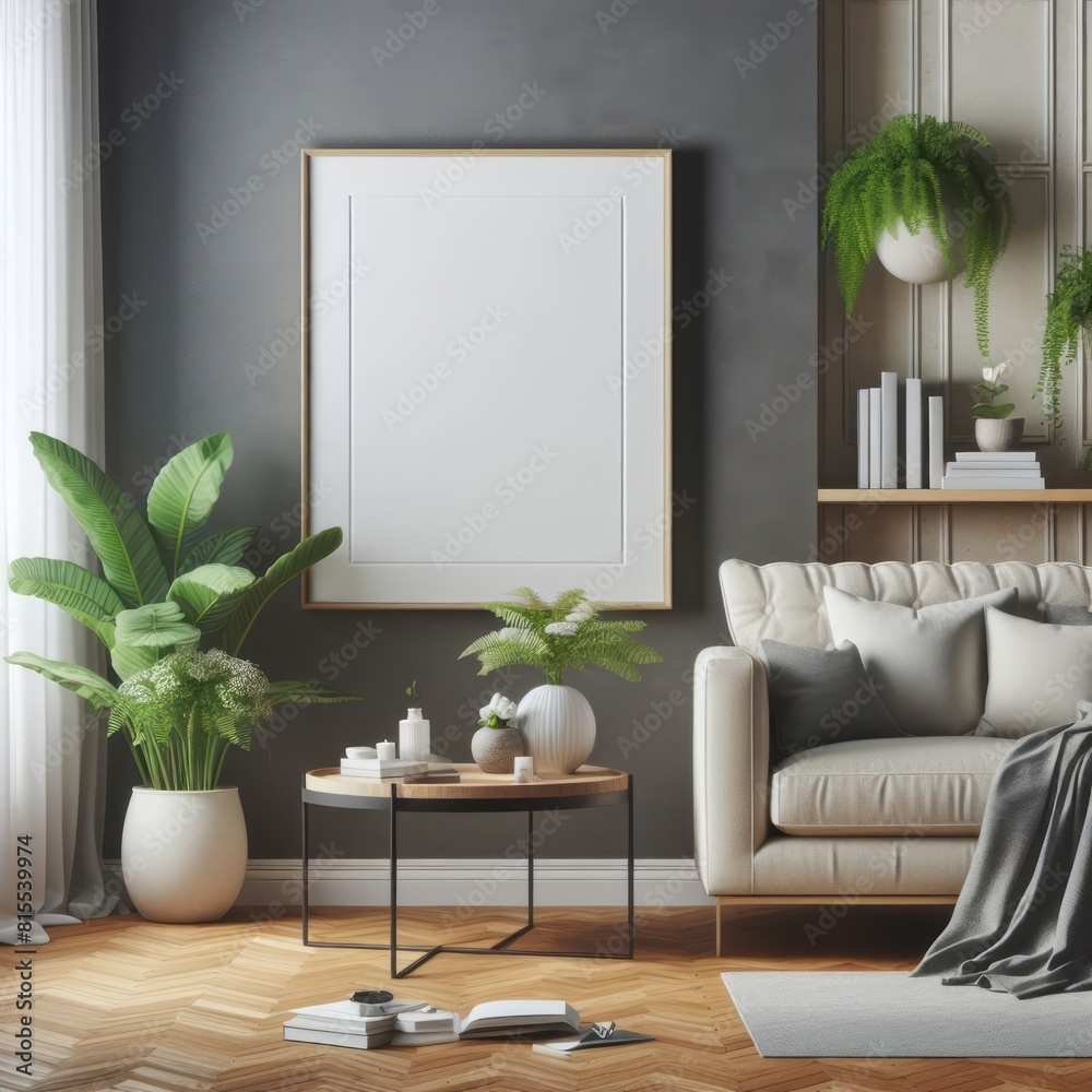 A living room with a template mockup poster empty white and with a couch and plants image art harmony lively.