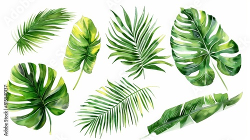 Watercolor illustration of a collection of palm leaves, each leaf detailed and lush, set dramatically against a pristine white background