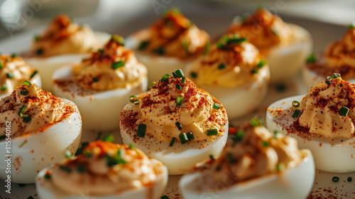 Deviled eggs topped with paprika and chives, served on a platter.