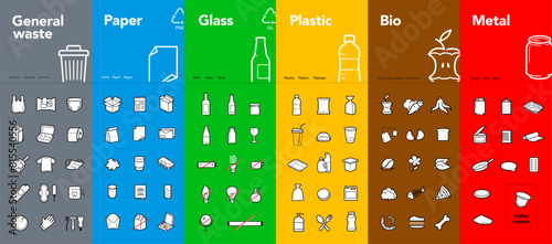 Ready sets of icons for separating trash. Vector elements are made with high contrast, well suited to different scales and on different media. Ready for use in your design. EPS10.