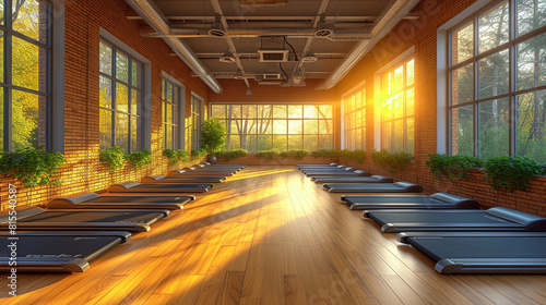 Interior Photo of a Modern Fitness Center Gym Club with Treadmills in a Workout Room on a Sunny Morning 