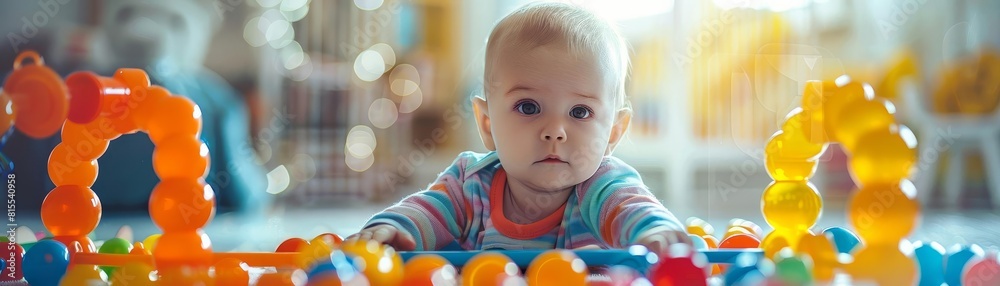 Fototapeta premium Baby playing with an educational toy set, focusing on cognitive development, double exposure style