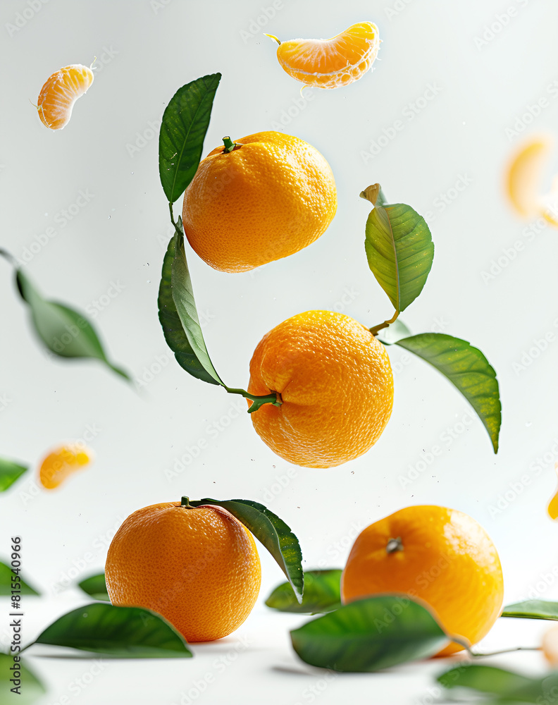 Fresh ripe tangerines with leaves falling in the air. Cut and whole mandarine isolated on white background