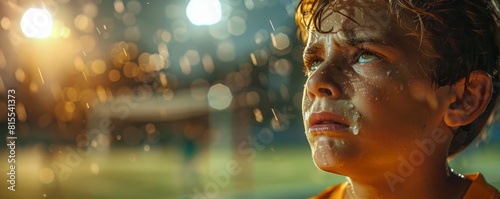 Boy crying on the sidelines of a soccer game, disappointed by a loss, vivid style photo