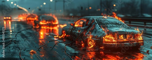 Burntout cars on a highway, remnants of a rapid wildfire evacuation, forced perspective style photo