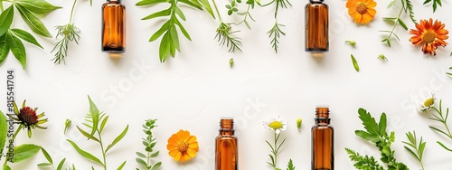 Bottles with essential oils on a background of flowers and leaves. Selective focus.