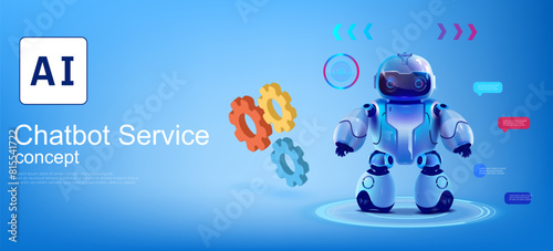 Realistic vector 3D model of a chatbot robot with an Artificial Intelligence chip. Landing page with robot and settings service. Robot online consultant. Concept banner