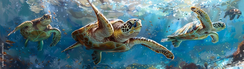 Fototapeta premium Paint a serene underwater scene of a group of sea turtles gliding through clear blue ocean waters in a traditional oil painting style