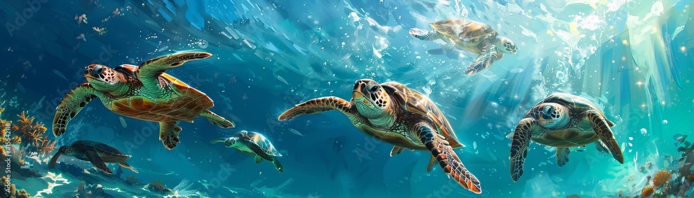 Obraz premium Paint a serene underwater scene of a group of sea turtles gliding through clear blue ocean waters in a traditional oil painting style