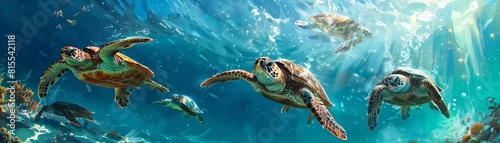 Paint a serene underwater scene of a group of sea turtles gliding through clear blue ocean waters in a traditional oil painting style