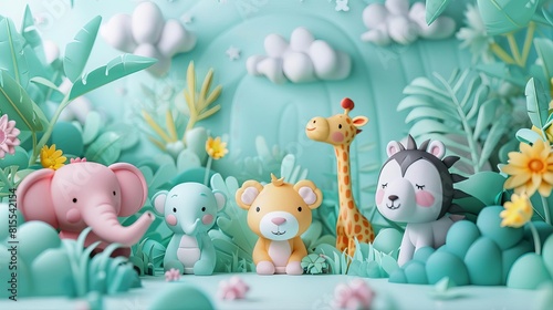 Produce a captivating artwork showcasing the charm of animal babies in a 3D rendered flat design Focus on intricate details and textures