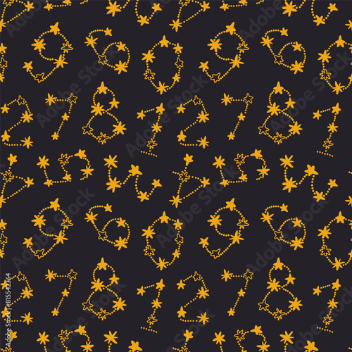Seamless pattern with numbers in the form of constellations on a dark blue background. Vector illustration
