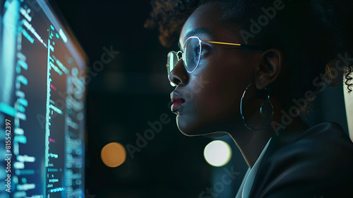 on profile working intelligence computer of threats in security analyst american black it created cyber african ai artificial with dark developer female detecting side office generative photo