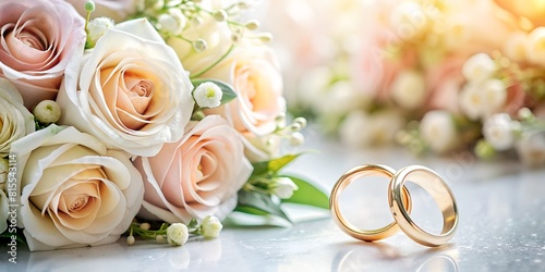 beige background wedding background, wedding rings and a bouquet of tender roses, gold wedding rings, idea, macro