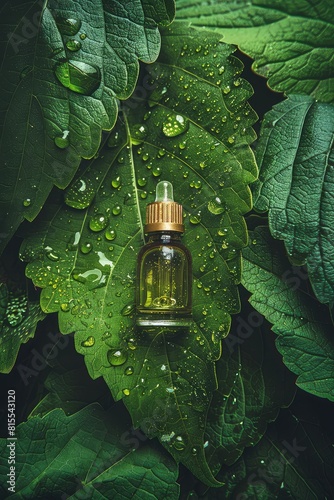 A bottle of essential oil on a wet leaf of a plant. Selective focus.