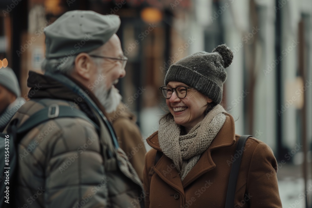 Elderly couple walking in the city on a winter day. Elderly couple walking in the city on a winter day.