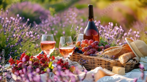 Picnic in a lavender field. Selective focus.