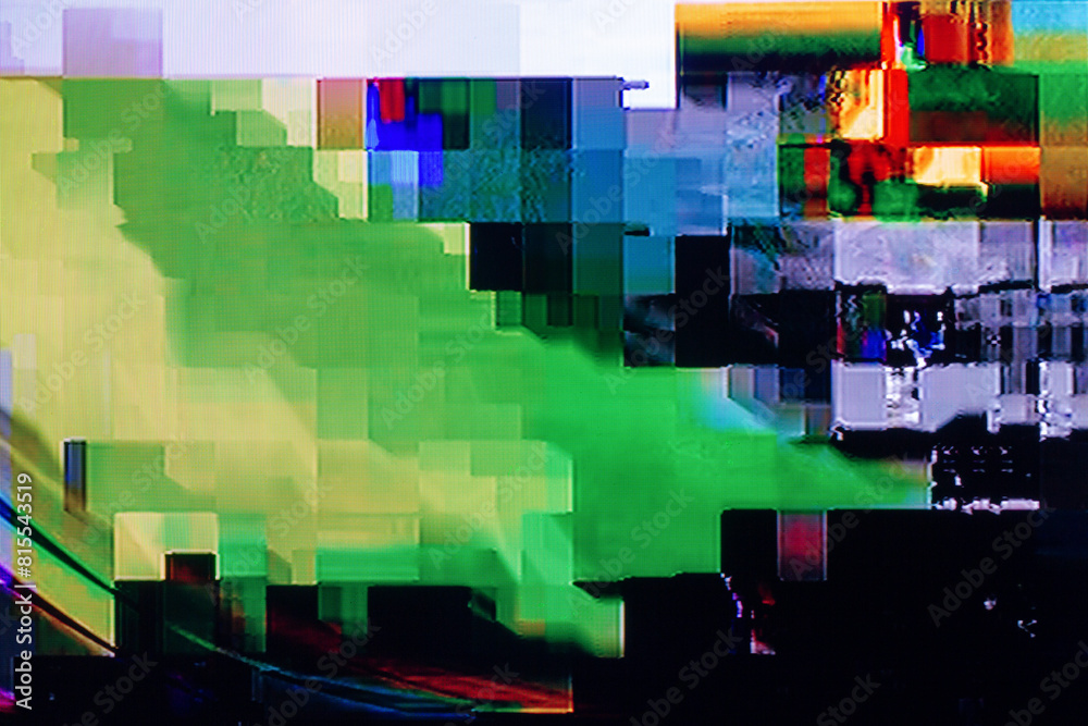 the color texture of the TV screen with digital interference when broadcasting a TV channel in bad weather