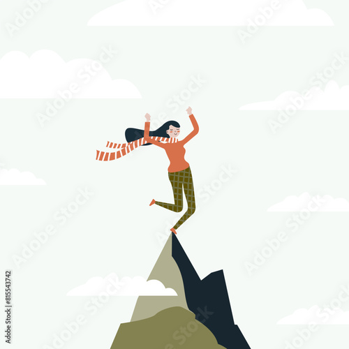 Illustration of a girl reaching the mountain peak and rejoicing. Vector illustration