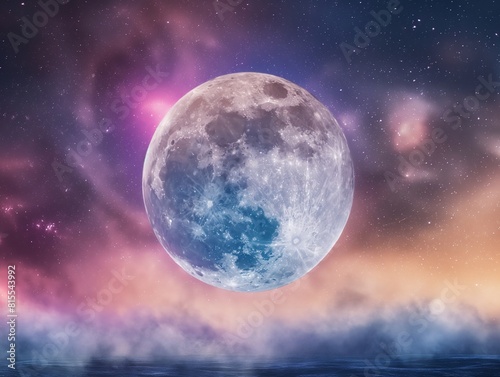 A stunning full moon dominates a vibrant night sky with colorful nebulae above a serene sea  merging dreams with reality.