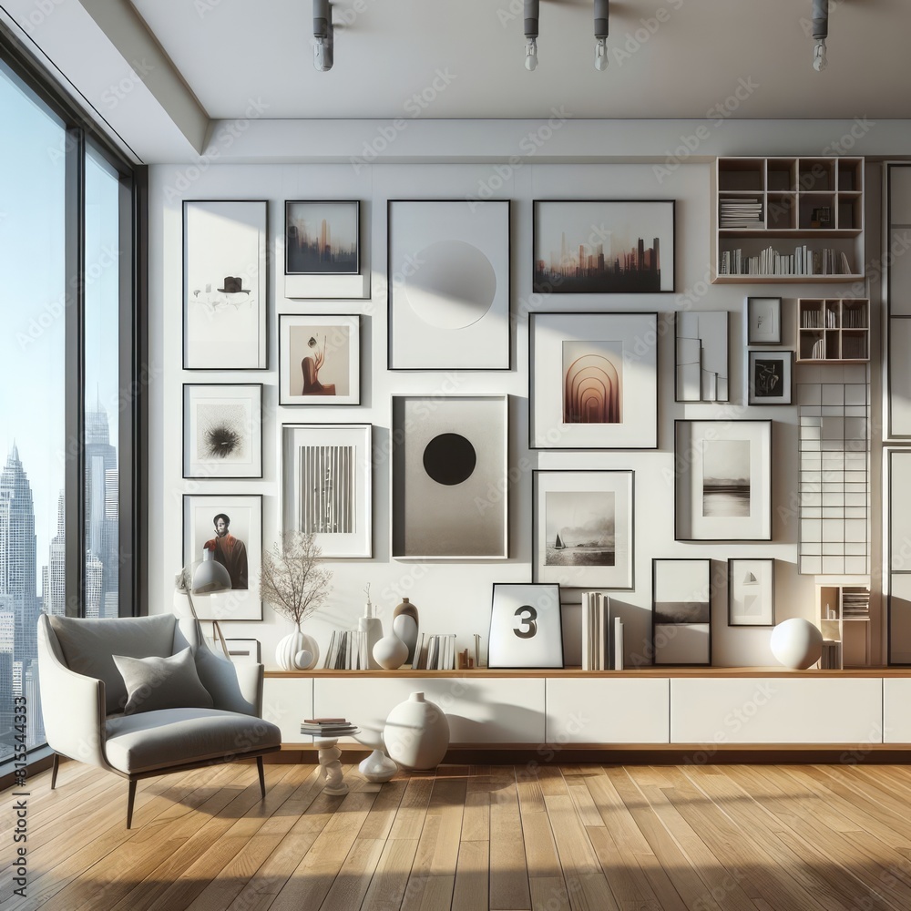 A Room with a template mockup poster empty white and with a large window and a chair and a shelf realistic attractive used for printing card design.