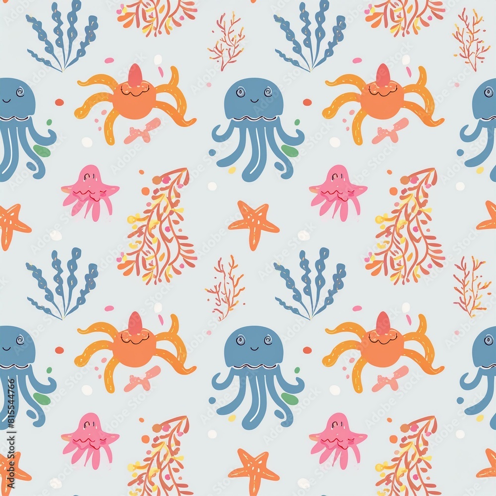 a pattern with sea creatures like octopuses, jellyfish, and starfish intertwined a pattern with sea creatures like octopuses, jellyfish, and starfish intertwined