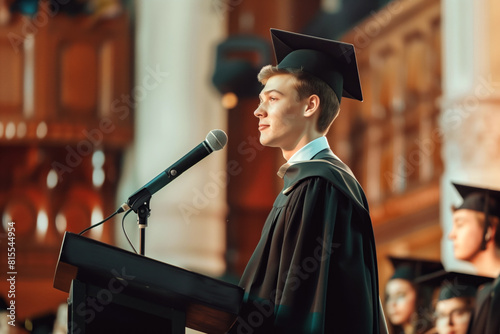 Young valedictorian giving a speech at a graduation ceremony with a confident expression.