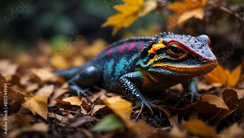 Close up salamandra in dry leaves concept photo. Colorful lizard. Side view photography with blurry sprouts on background. High quality picture for wallpaper  travel blog  magazine  article 