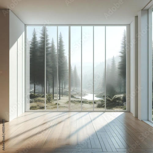 A Room with a template mockup poster empty white and with large windows and trees art realistic has illustrative meaning has illustrative meaning.