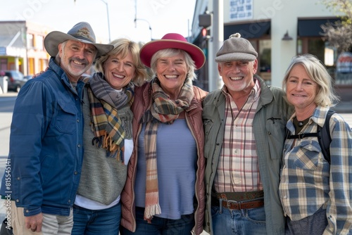 Portrait of happy group of senior friends standing together in the street