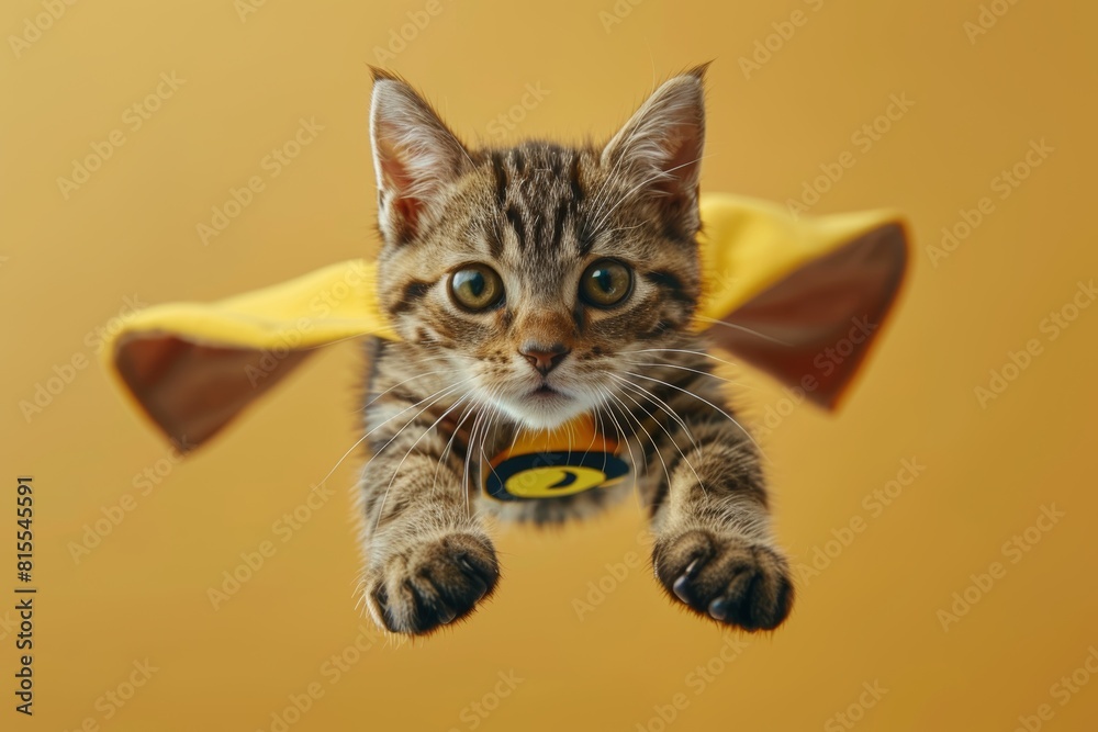 Superhero cat flying on gradient pastel background with ample space for text placement Superhero cat flying on gradient pastel background with ample space for text placement