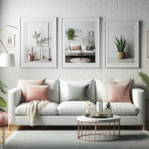 A white couch with pink pillows and a coffee table with plants on the wall image photo attractive lively card design.