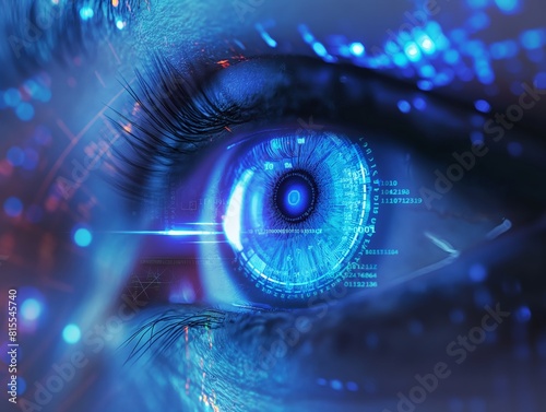 Close-up of a human eye with futuristic digital overlay, representing high-tech surveillance or advanced biometric scanning. © cherezoff