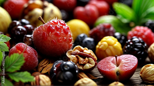 A colorful mix of fruits and nuts neatly placed on a table.