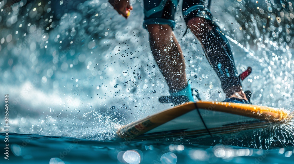 Naklejka premium A person is actively riding a surfboard on the water, demonstrating skill and balance