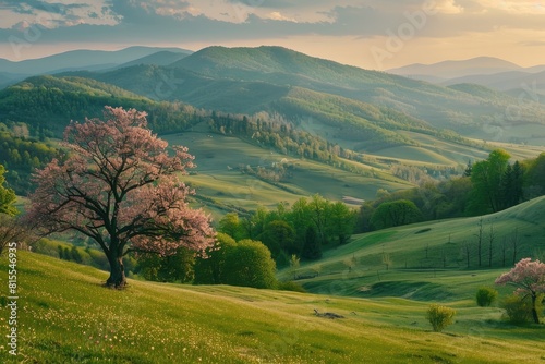 Mountainous Countryside in Springtime as Dusk Descends