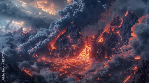 Dramatic depiction of overspending through vivid lava flows and thick smoke  sharply focused against a dark sky backdrop