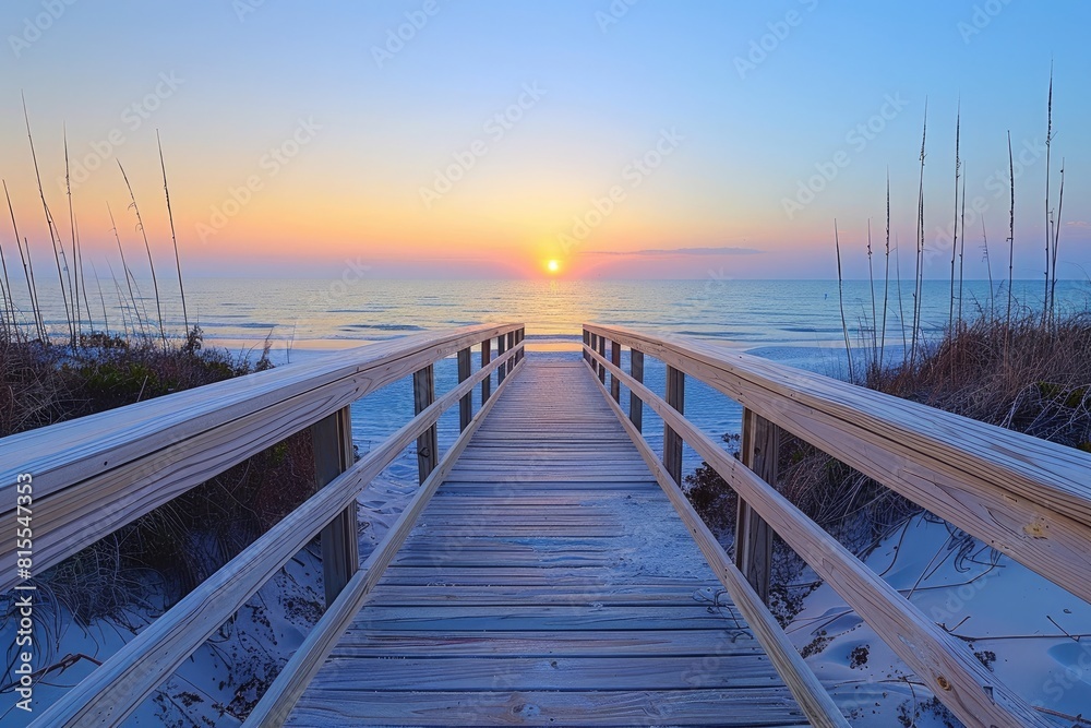 Long boardwalk leading to the white sand beach and ocean water at sunset with few shrubs on sides